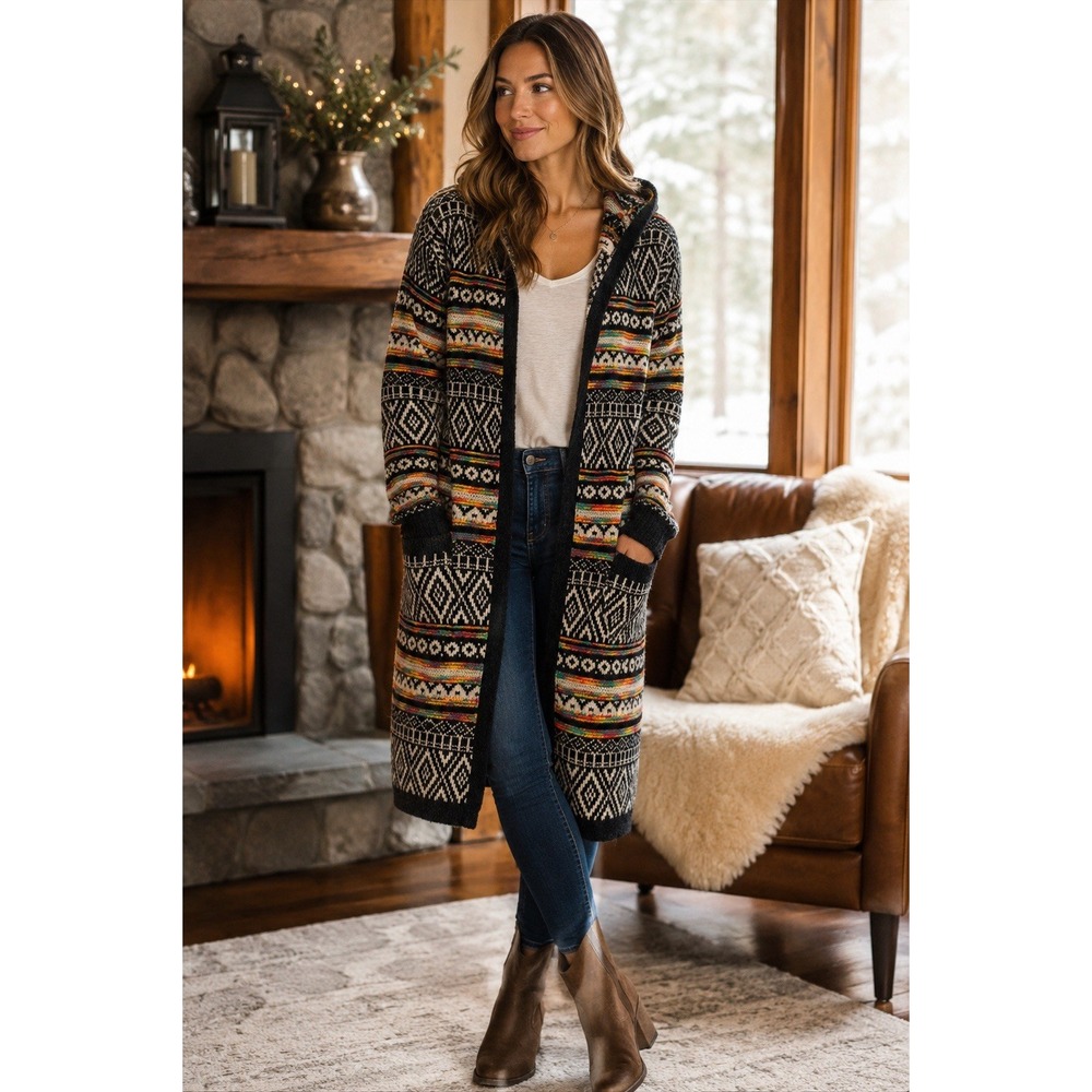 Monteau Hooded Fair Isle Long Cardigan Sweater Women's Open Front Boho Duster SM